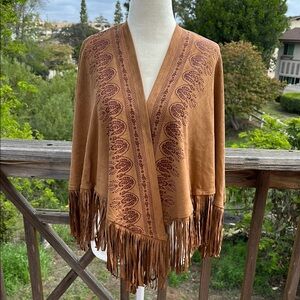 Hollister Brown suede Fringe Poncho with Patterned Design